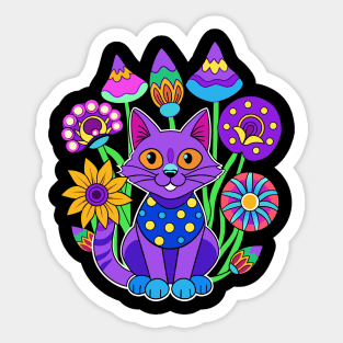 Purple trippy cat and magic mushrooms Sticker